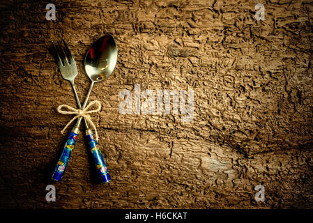 Menu background, vintage set cutlery on rustic wood background with empty space for text Stock Photo