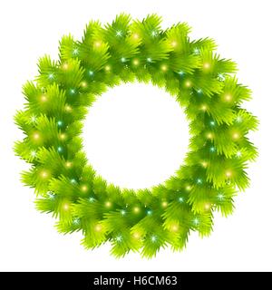 Christmas wreath from the branches of an evergreen tree with with glowing elements on a white background Stock Vector
