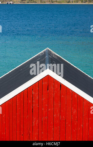 Traditional timber fish houses. Lofoten Islands fishing house design, Norway Stock Photo