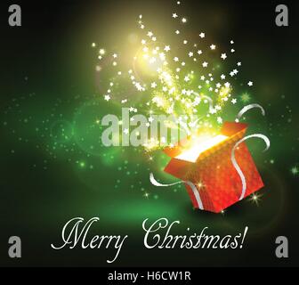 Christmas background with open red box with stars and confetti and fireworks Stock Vector