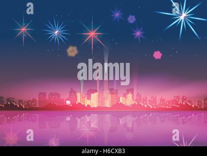 City Skyline at Night with Reflections and Fireworks Display Background - Vector Illustration Stock Vector