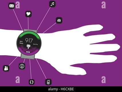 Concept of Smart Watch On a Hand with Mobile App Icons in a Net - Vector Illustration Stock Vector