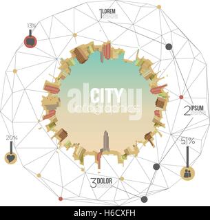 Retro City Skyline with Set of Infographics and Information Graphics - Vector Illustration Stock Vector