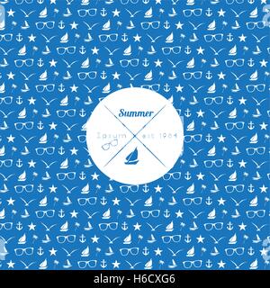 Seamless Summer Pattern with Simple Shapes of Sunglasses, Palm tree, Anchor, Etc  - Vector Illustration Stock Vector