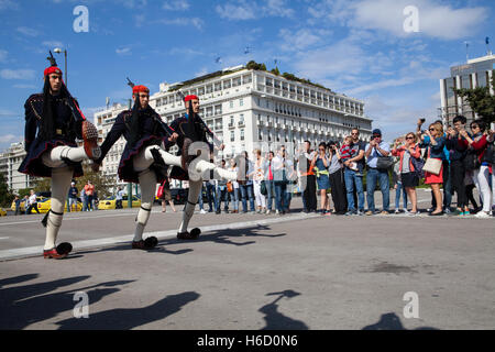 The changing of the Evzones who guard the Monument of the Unknown Soldier in front of the Hellenic Parliament, Athens Stock Photo