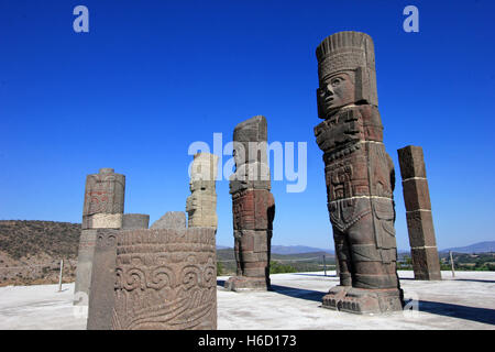 Toltec warriors columns topping the pyramid of Quetzalcoatl in Tula Stock Photo