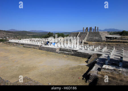 Toltec warriors columns topping the pyramid of Quetzalcoatl in Tula Stock Photo