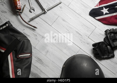 overhead of a set of vintage accessories for biker Stock Photo