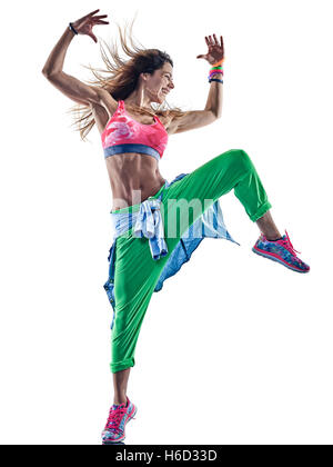 one caucasian woman zumba dancers dancing fitness exercising exercises in studio isolated on white background Stock Photo