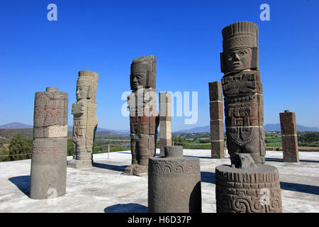 Toltec warriors columns topping the pyramid of Quetzalcoatl in Tula Stock Photo