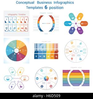 Set templates Infographics business conceptual cyclic processes for six positions text area, possible to use for pie chart Stock Vector