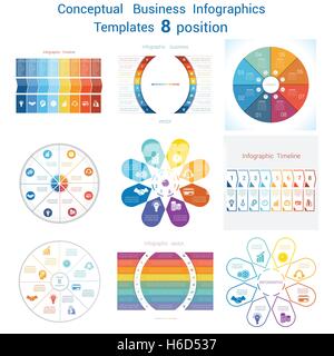 Set templates Infographics business conceptual cyclic processes for eight positions text area, possible to use for pie chart Stock Vector