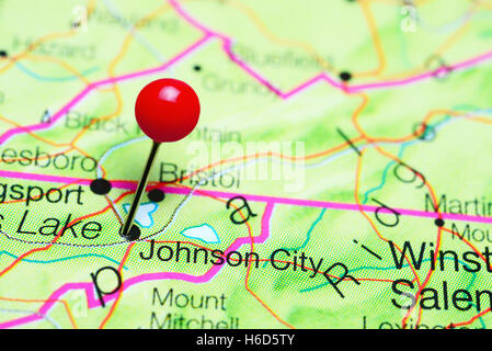 Johnson City pinned on a map of Tennessee, USA Stock Photo