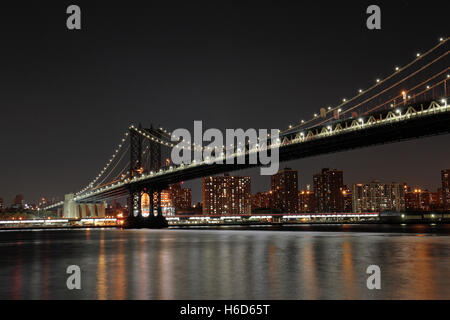 A view of the south side of Manhattan Bridge, viewed from the edge of Empire Fulton Ferry Park, Dumbo, Brooklyn, NY. Stock Photo