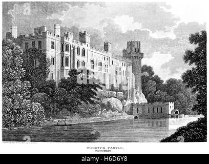 An engraving of Warwick Castle, Warwickshire scanned at high resolution from a book printed in 1812. Believed copyright free. Stock Photo