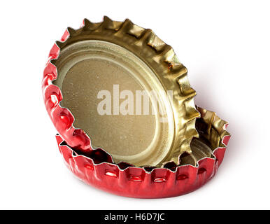 Closeup of two red caps from beer bottles isolated on white background Stock Photo
