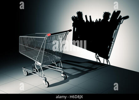 Empty Shopping Cart Cast Shadow On The Wall As Shopping Cart Full Of Food. 3D Illustration. Stock Photo