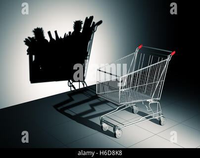 Empty Shopping Cart Cast Shadow On The Wall As Full Shopping Cart. 3D Illustration. Stock Photo