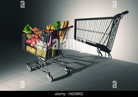 Full Shopping Cart Cast Shadow On The Wall As Empty Shopping Cart. 3D Illustration. Stock Photo