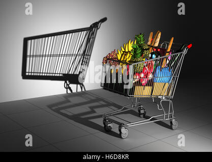 Shopping Cart Full Of Food Cast Shadow On The Wall As Empty Shopping Cart. 3D Illustration. Stock Photo