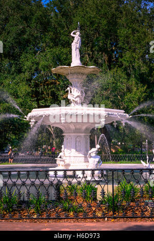 The Parisian inspired and fanciful statuary water fountain landmark in Forsyth Park in historical downtown Savannah, GA Stock Photo