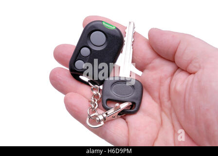 Automobile keys and remote control panel from the car alarm system in a hand. Stock Photo