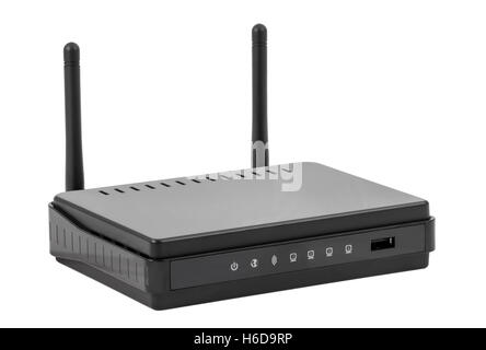 Electronic collection - black wireless internet network wi-fi router isolated on white background Stock Photo