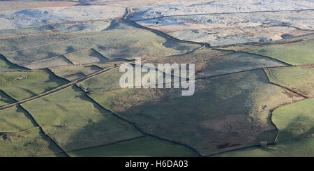 Elevated view over a patchwork of frosty fields from Simons Seat, Wharfedale, Yorkshire Dales, North Yorkshire, UK