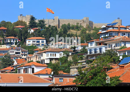 Samuel's Fortress (10th century) in rising above the Old Town of Ohrid, Macedonia Stock Photo
