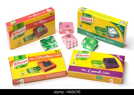 Small boxes of various Knorr stock cubes on white background Stock Photo