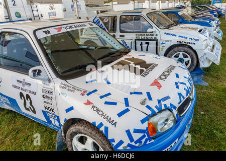 1997 Nissan Micra Maxi sits beside the mighty Metro 6R4's at the 2016 Goodwood Festival of Speed, Sussex, UK Stock Photo