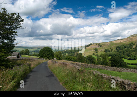 Narrow rural single track road up in Walden, Wensleydale in the Yorkshire Dales National Park. Stock Photo