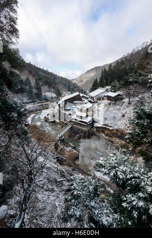 Nagano, Japan - December 27, 2015: Korakukan Ryokan near Snow Monkey Park, Yamanouchi, Japan. Stock Photo