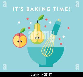 Flat vector illustration of bowl, pear, apple and egg beater / egg whisk. Baking ingredients Stock Vector
