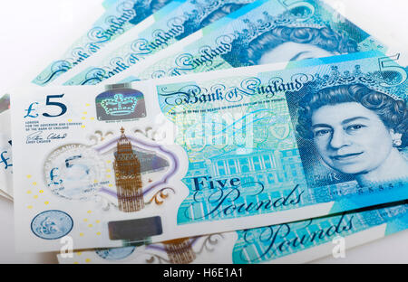 Close up of English money cash £5 new polymer five pound pounds notes finance concept England UK United Kingdom GB Great Britain Stock Photo