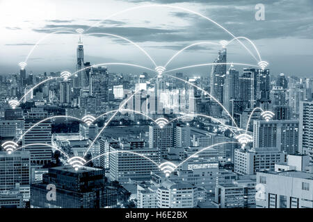 Wifi icon and Bangkok city with network connection concept, Bangkok smart city and wireless communication network, Stock Photo