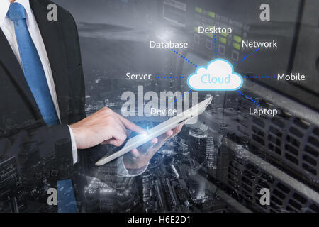 Double exposure of professional businessman connecting cloud Internet smart phone with servers technology and connect world Stock Photo