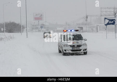 Bucharest, Romania 17 January 2016: A police car enters the highway A2, the main commercial route which connects Bucharest to th Stock Photo