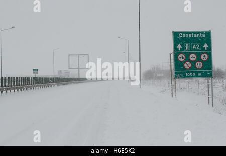 A2 Highway, Romania 17 January 2016: The highway A2, the main commercial route which connects Bucharest to the Black Sea's port, Stock Photo