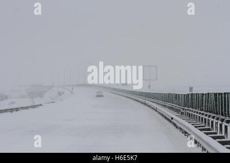 A2 Highway, Romania 17 January 2016: The highway A2, the main commercial route which connects Bucharest to the Black Sea's port, Stock Photo