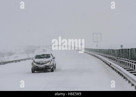 A2 Highway, Romania 17 January 2016: A car is passing on the highway A2, the main commercial route which connects Bucharest to t Stock Photo