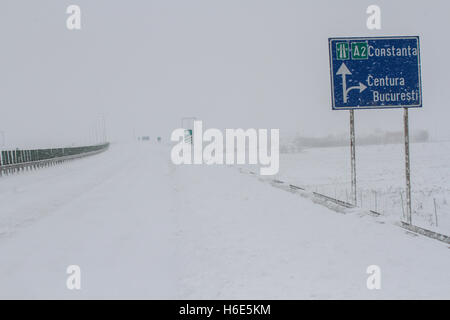 A2 Highway, Romania 17 January 2016: The highway A2, the main commercial route which connects Bucharest to the Black Sea's port, Stock Photo