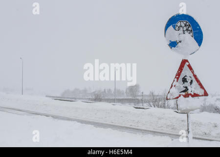 A2 Highway, Romania 17 January 2016: Road signs on the highway A2, the main commercial route which connects Bucharest to the Bla Stock Photo