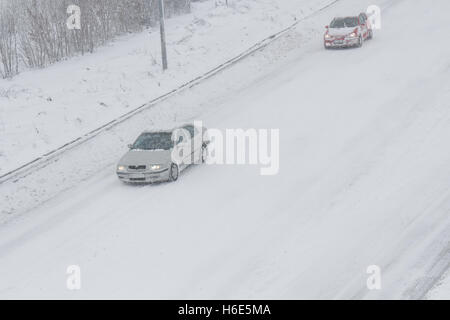 A2 Highway, Romania 17 January 2016: Cars are passing on the highway A2, the main commercial route which connects Bucharest to t Stock Photo