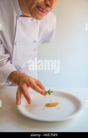 Nouvelle cuisine: minimalism. Humorous. Chef putting a leaf of parsley on top of a single macaroni. Stock Photo