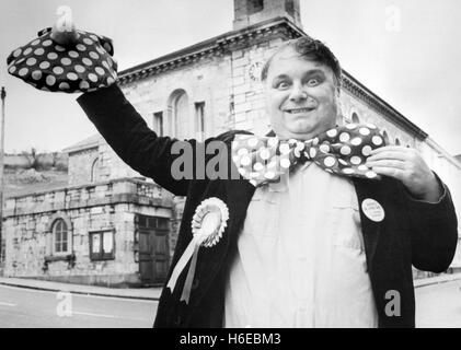 Eccentric publican Alan Hope celebrates outside Ashburton Town Hall in Devon after becoming the first Monster Raving Loony Party candidate to be elected to office. The 44-year-old Party chairman, who holds his meeting in the Golden Lion pub, was unopposed in the local elections and automatically elected.  *UK Provs OnlyPA AF 222713-1 Stock Photo