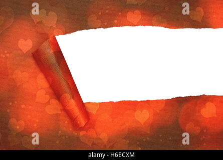 Torn parcel paper with red hearts pattern revealing white copy space Stock Photo