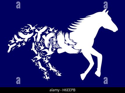 White horse with flying birds on dark blue background, vector illustration Stock Vector