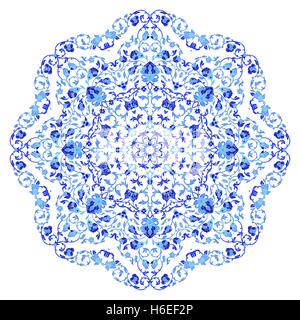 Indian ornament, kaleidoscopic floral pattern, mandala. Design made in Russian gzhel style and colors. Stock Vector