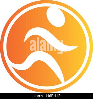 Isolated abstract orange color running man logo. Human silhouette in motion logotype. Sport icon. Fitness sign. Jogging people symbol. Vector running man illustration. Stock Vector